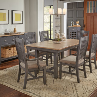 The serenity of the sea and the quaint charm of a cozy cottage come together in Port Townsend. Combining subtle hints of coastal living with simple lines and farmhouse elements, this dining group will bridge the divide and compliment homes from coast to coast. Featuring solid New Zealand pine throughout, the wire brushed multi-step fi nish on surfaces resembles a naturally occurring windswept patina. Combined with the Gull paint/Seaside Pine fi nish and vintage inspired nickel brushed hardware, this look is a timeless retreat-detail-1